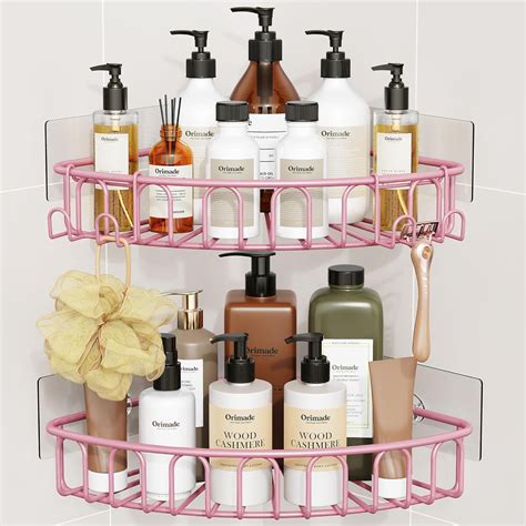 Corner Shower Caddy with 2 Hooks Wall Mounted Metal Bathroom Shelf Storage Organizer Adhesive No ...