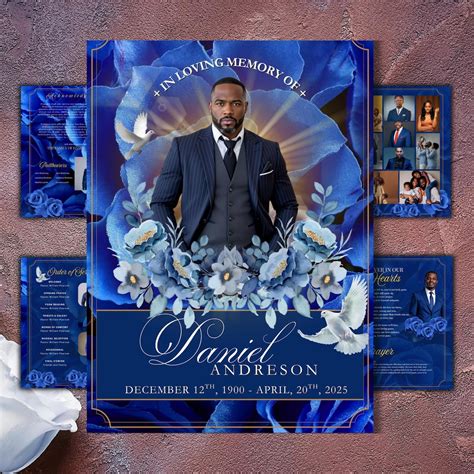 8-page Blue Funeral Program Template, Bi-fold Memorial Program ...
