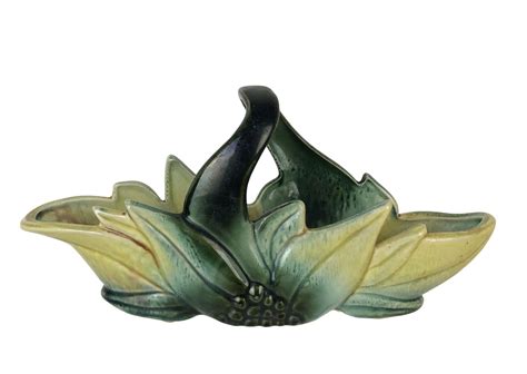 Vintage Hull Pottery Ceramic Basket Planter, Green & Yellow, Leaves