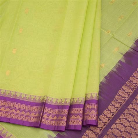 Gadwal Cotton Lime Green Saree With Zari Buttas And Temple Border ...