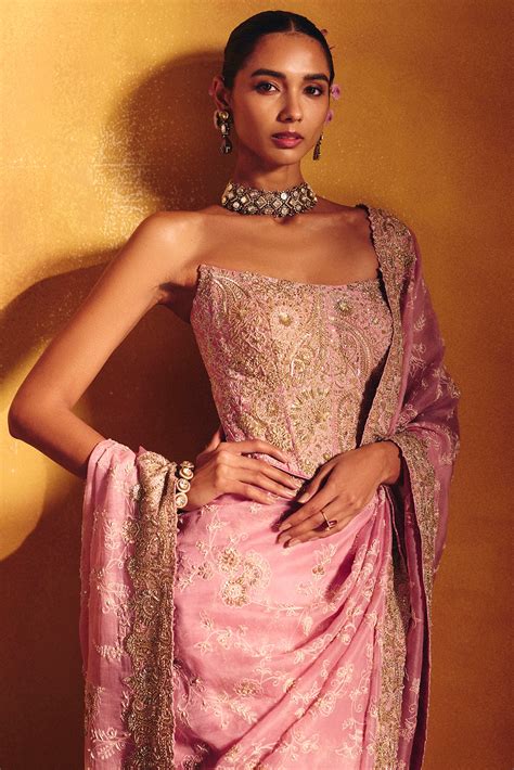 Pastel Pink Organza Floral Jaal & Pearl Embroidered Bridal Saree Set by ...