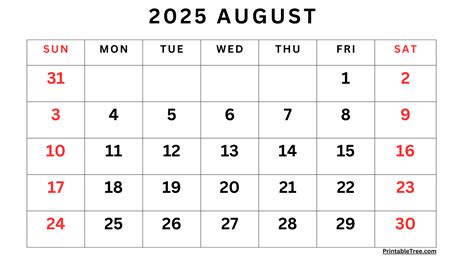 August Calendar 2026 Printable Free