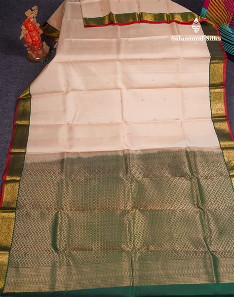 Beautiful Beige Pure Kanjivaram Silk Saree With Contrast Bottle Green ...