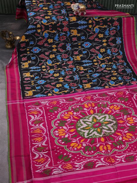 Pochampally silk saree black and pink with allover ikat weaves and ret ...