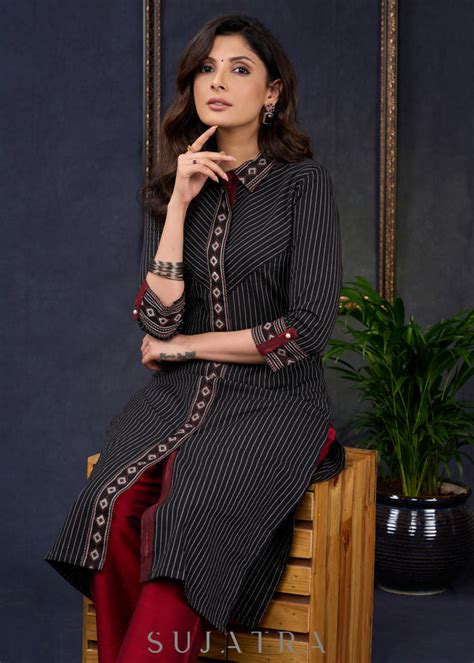 Classic-Black-Cotton-Striped-Straight-Cut-Kurta-Highlighted-With-Geome ...