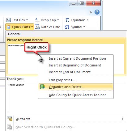Adding, modifying and deleting Quick Parts - Robert 365