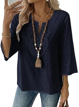 EVALESS Boho Tops for Women Blouses Dressy Casual V Neck 3/4 Sleeve ...
