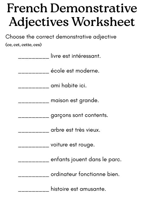 demonstrative adjectives in french worksheet with answers - Ressource ...