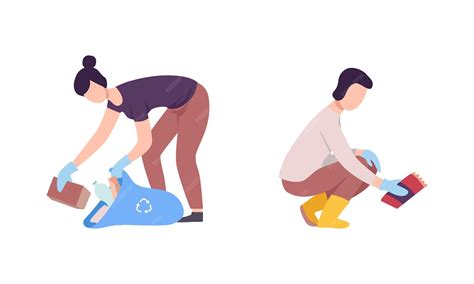 Man and woman volunteer gathering garbage in bag for recycle vector set ...