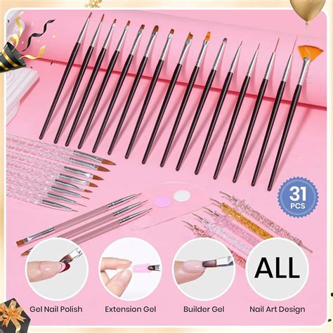 31pcs Nail Art Brushes, Dotting Tools, Nail Art Pens, Dust Brush, Striping Liner Fingernail ...