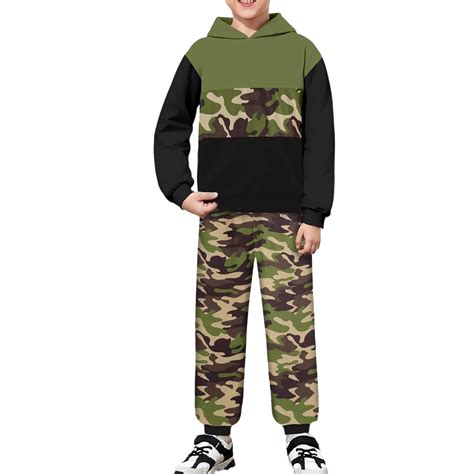 Boys Color Hoodie And Camo Jogger Casual Two Piece Outfit For Kids ...