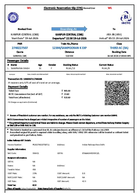 WL Electronic Reservation Slip for Train K EXP (3A) from KANPUR CENTRAL ...