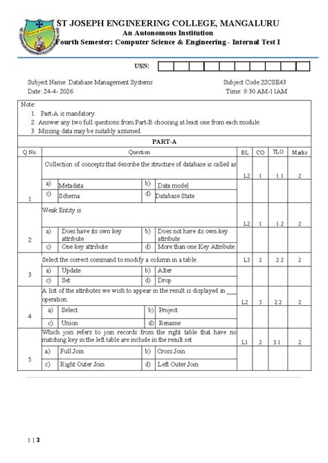 DBMS-IA1: Internal Test I Notes for 22CSE43 - Database Management ...
