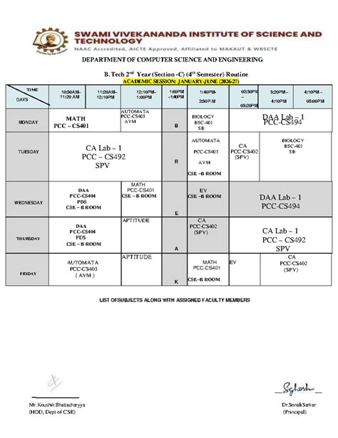 B. Tech 2nd Year (4th Sem) CSE Routine - Academic Session 2023 - Studocu