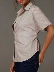 Elegant Women's Plus Size Fashion Commuter Striped Shirt Collar Button ...