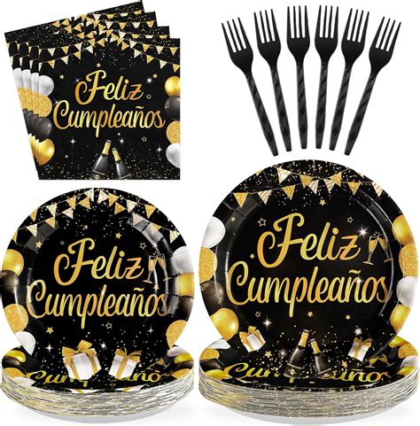 Amazon.com: Greencian 96Pcs Feliz Cumpleaños Decoration Black and Gold Plates and Napkins Feliz ...