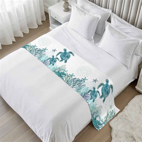 Bed Runner for Cal.King Size, Ocean Green Turtles Decorative Scarf Throws for Foot of Bed ...