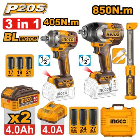 Ingco 3pcs 20v Cordless Combo Kit 850Nm & 405Nm Impact Wrenches Combo ...