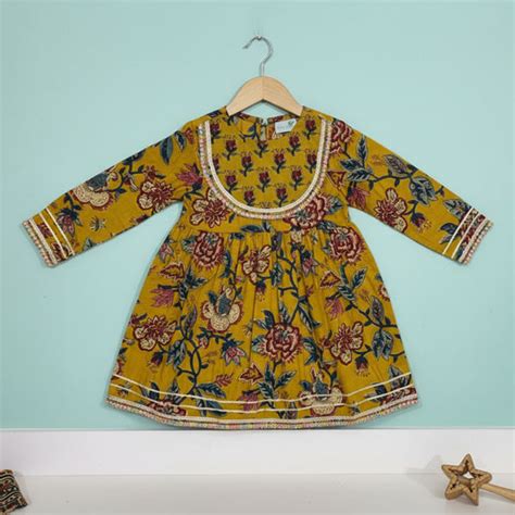 Baby Moo Floral Print Cotton Knee Length Ethnic Dress - Yellow