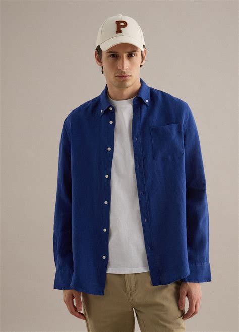 PIOMBO Man's Camisa azul de manga longa em puro linho ajuste regular | OVS