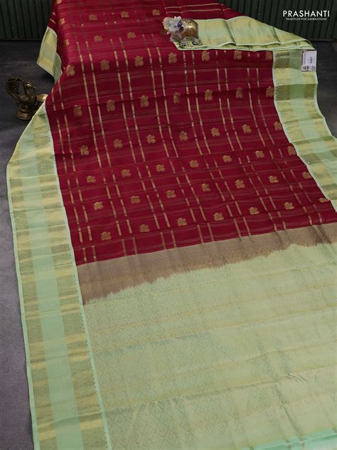 Pure kanchipuram silk saree red and pista green with allover zari chec ...