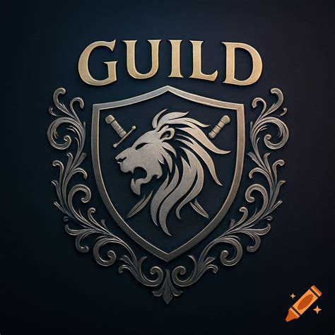 A detailed heraldic style logo featuring a silver rampant lion within a ...