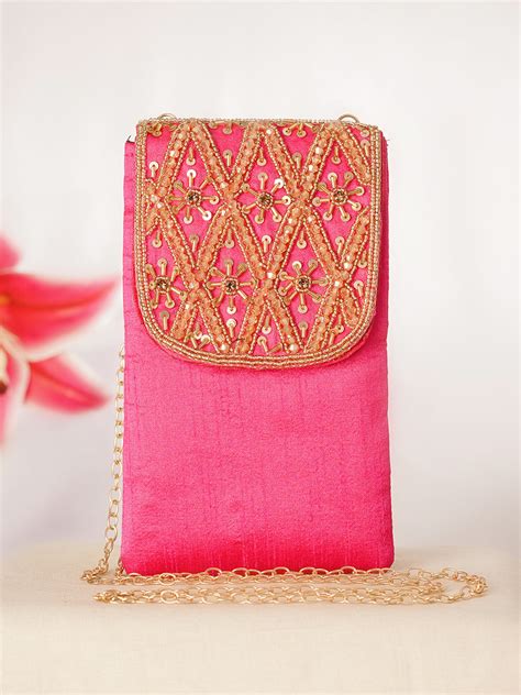 Hot Pink Embroidered Festive Mobile Sling Pouch – Rubans