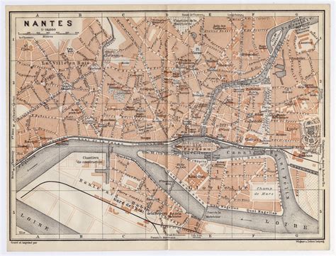 1909 Original Antique Nantes City Map, Loire, France (8 x 6 in)