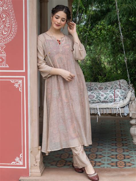 Beige Hand Block Printed Chanderi Kurta with Slip and Pants- Set of 2