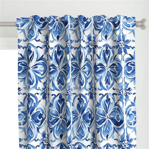 Blue White Italian Spanish Mediterranean Azure Tile Squares Large Cur...