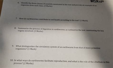 Solved: WCLN.ca 6. Identify the three classes of annelids mentioned in ...
