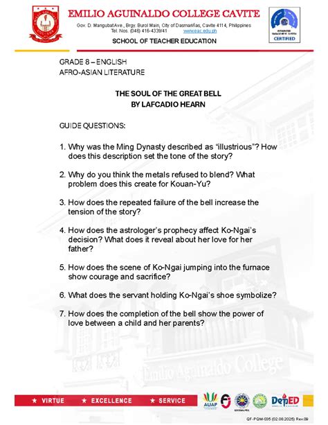 Grade 8 English Literature: The Soul of the Great Bell Guide Questions ...