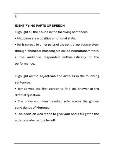 Parts of Speech Questions G8: Identifying Nouns, Verbs, Adjectives, and ...