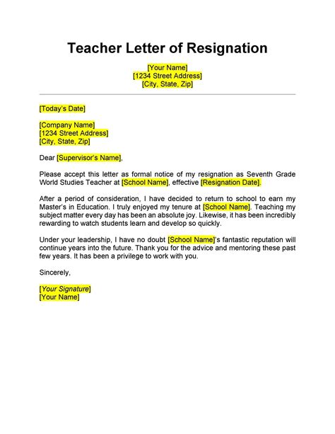 Standard Resignation Letter Template | Teacher resignation letter, Resignation letter, Resignation