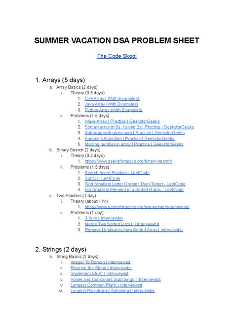 Summer Vacation DSA Problem Sheet - Code Skool - Studocu