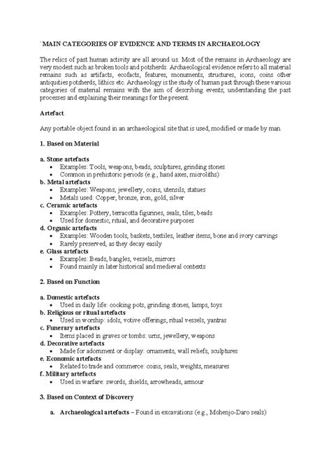 CATEGORIES OF EVIDENCE AND TERMS IN ARCHAEOLOGY: A Study Guide - Studocu