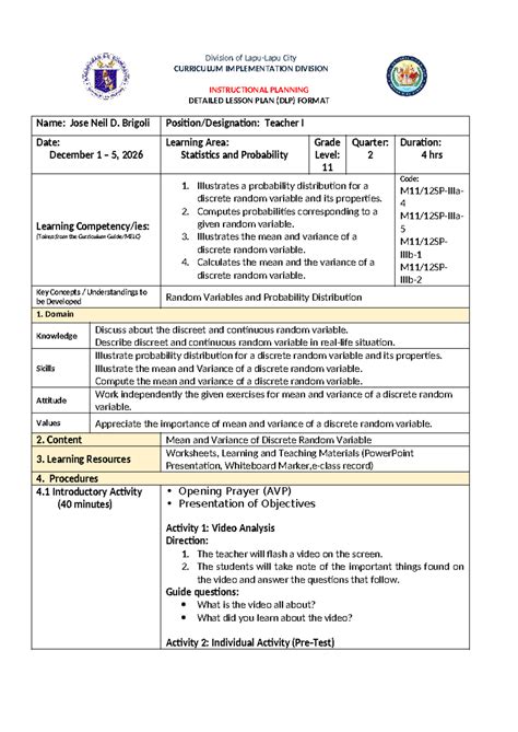 W2 STAT - Detailed Lesson Plan on Random Variables & Probability ...