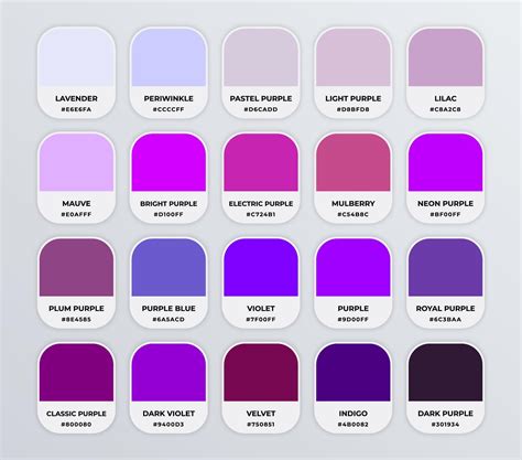 Purple color codes shades guide palette catalog with color names ...