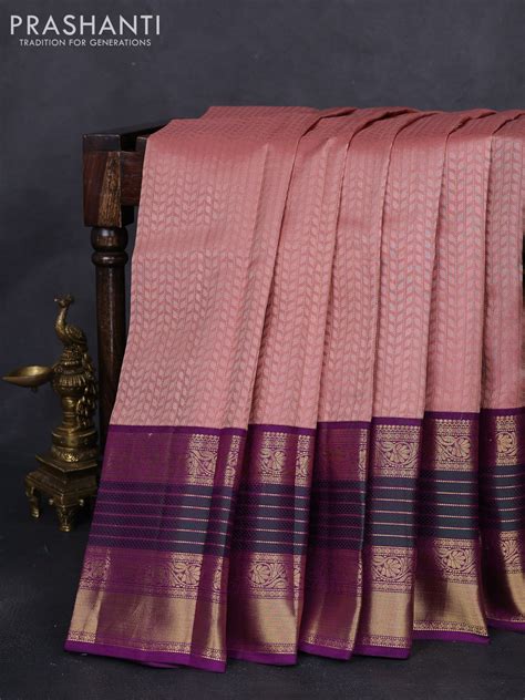 Pure kanchipuram silk saree pastel peach and purple with allover self ...