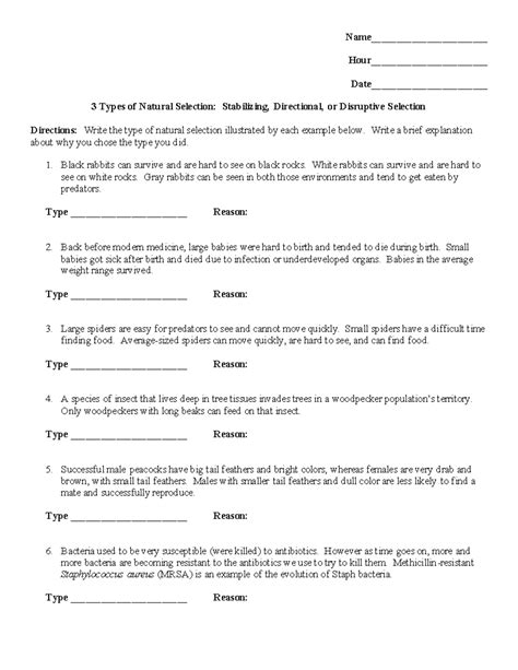 3 Types of Natural Selection Worksheet: Stabilizing, Directional, Disruptive - Studocu