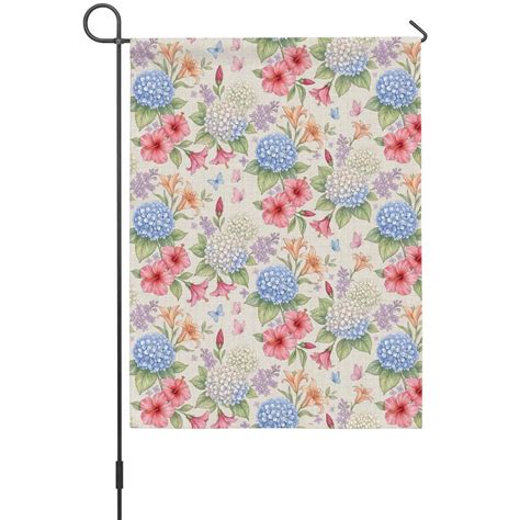 Blue Pink Floral Garden Flag 12 x 18 Inches, Retro White Blue Pink Yellow Flowers Beige Weather ...