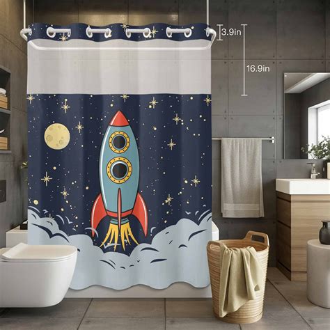 No Hook Shower Curtain with Snap in Liner, Cartoon Space Rocket Launch ...