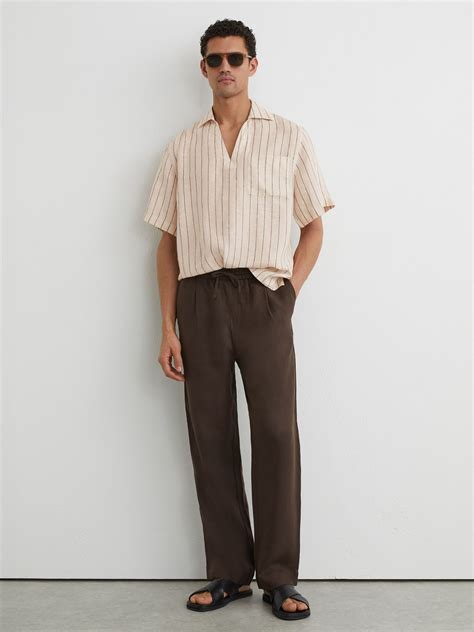 Buy Reiss Oatmeal Brown Quest Linen Pinstripe Open-Collar Shirt from ...