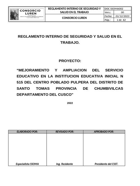 DOC SSOMA002_ REGLAMENTO INTERNO DE SEGURIDAD Y SALUD EN EL TRABAJO ...