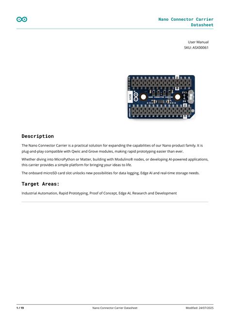 Arduino Nano Connector Carrier Datasheet and User Manual (ASX00061)