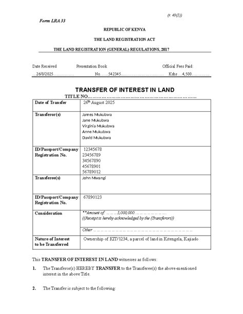 Transfer of Land Form LRA 33 - Republic of Kenya - Studocu