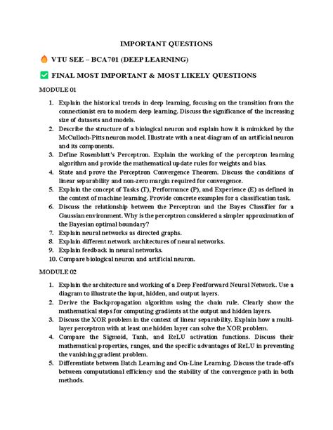 BCA701 Deep Learning Final Exam Important Questions - Studocu