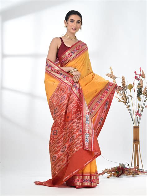 Elegant Yellow Tussar Silk Saree with Sambhal Puri Ikat Border – Charukriti