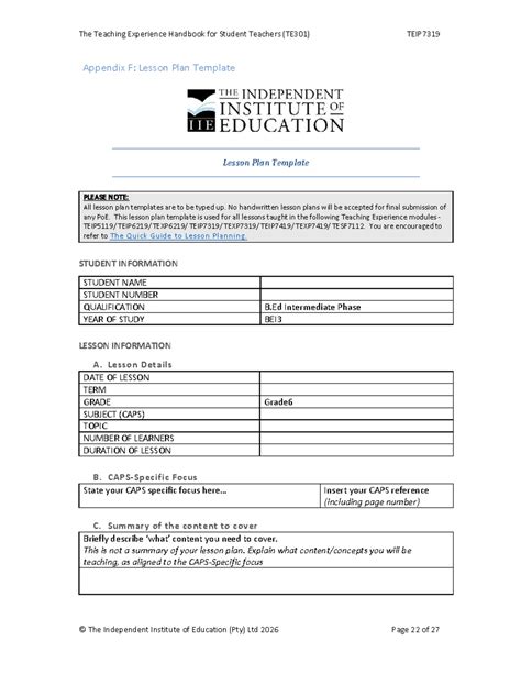 TE301 Teaching Experience Handbook: Lesson Plan Template (TEIP7319 ...