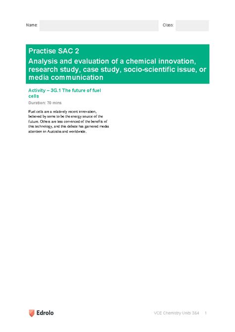 VCE Chemistry Units 1-8: Analysis of Fuel Cell Innovations - Practice ...